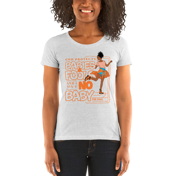 "God Protects Fools" Ladies T-Shirt (Woman Version) | Orange