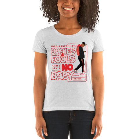 "God Protects Fools" Ladies T-Shirt (Man Version) | Red