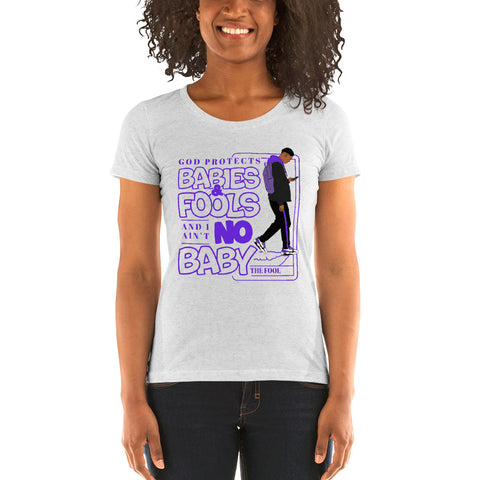 "God Protects Fools" Ladies T-Shirt (Man Version) | Purple