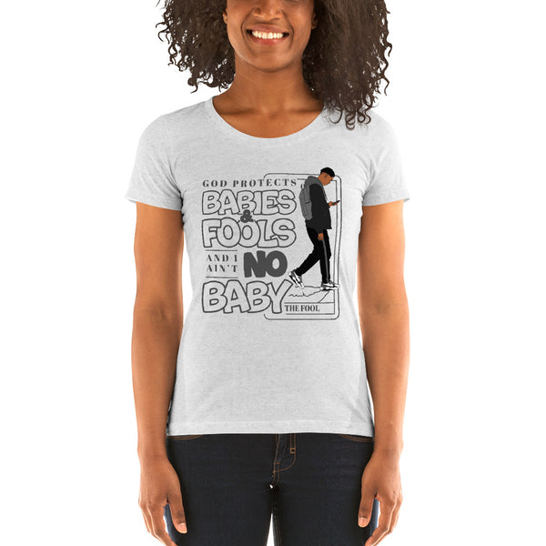 "God Protects Fools" Ladies T-Shirt (Man Version) | Gray