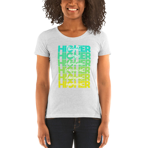 "Higher" Ladies T-Shirt (White) | Cyan/Yellow